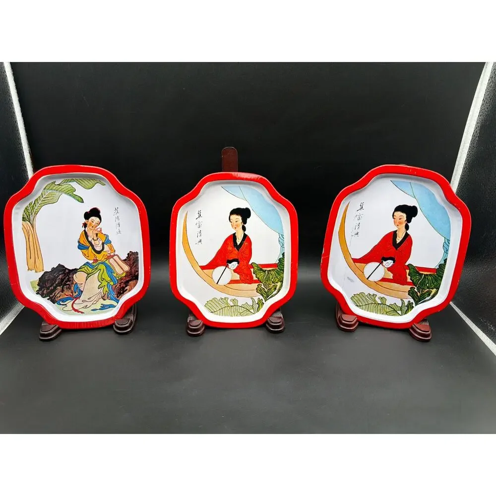 Vintage 1982 Action Industries Chinese Chinoiserie Tin Trays Hong Kong Set 9